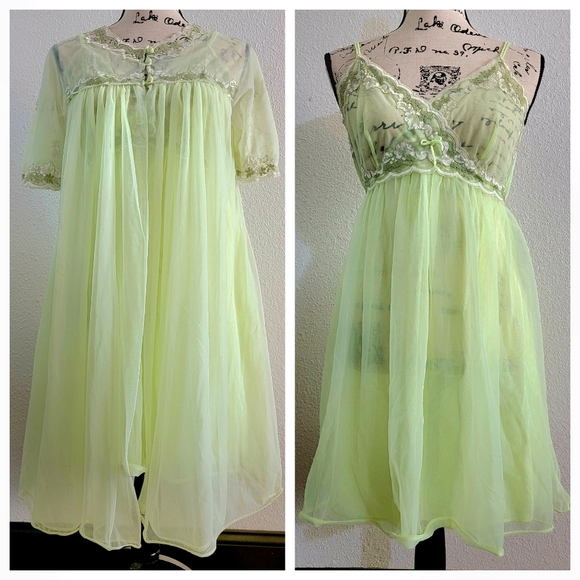 60s Babydoll Nightgown Robe Negligee Set Lacy Retro Green Sheer Delicate Dainty - Picture 1 of 8